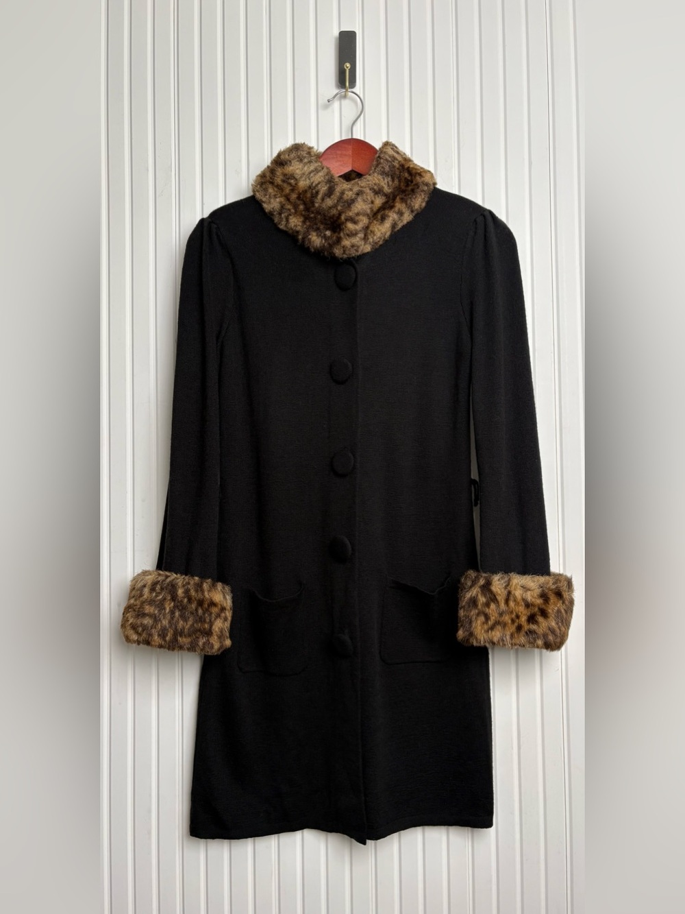 VTG Y2K Faux Fur Trim Long Cardigan Wool Blend Penny Lane Leopard Print Retro